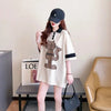 韓国系   POLOネック プリントTシャツ ゆったり半袖 ＜F-2894＞