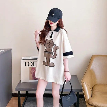 韓国系   POLOネック プリントTシャツ ゆったり半袖 ＜F-2894＞