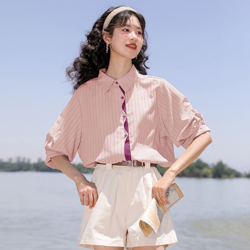 好感度UP 上質 美人度アップ 知的 ストライプ柄 3色選択 半袖シャツ＜F-9047＞