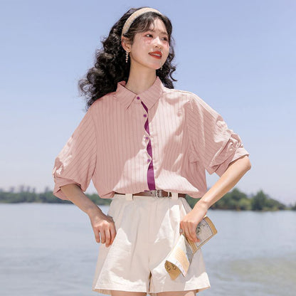 好感度UP 上質 美人度アップ 知的 ストライプ柄 3色選択 半袖シャツ＜F-9047＞