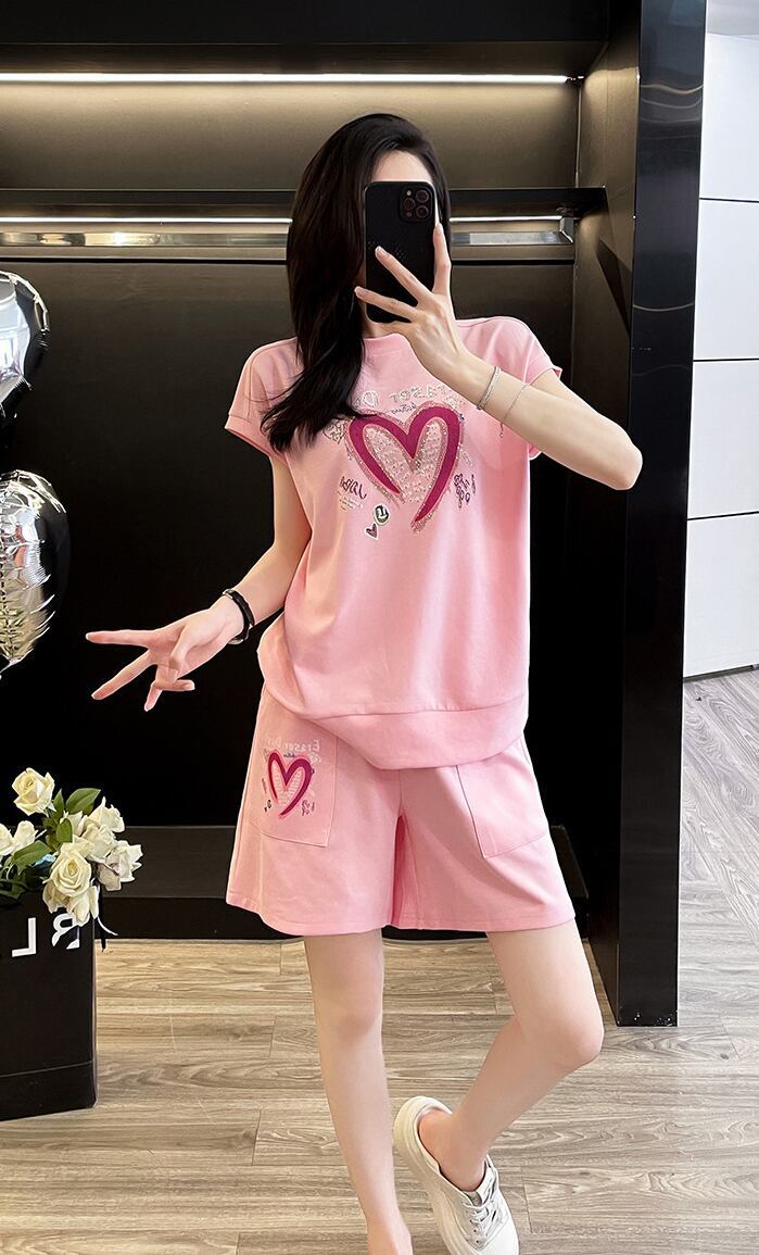 超人気 ホットダイヤモンド カジュアル プリント 半袖Tシャツ ショートパンツ セットアップ ＜F-9215＞
