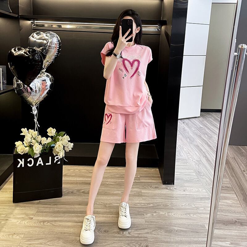 超人気 ホットダイヤモンド カジュアル プリント 半袖Tシャツ ショートパンツ セットアップ ＜F-9215＞