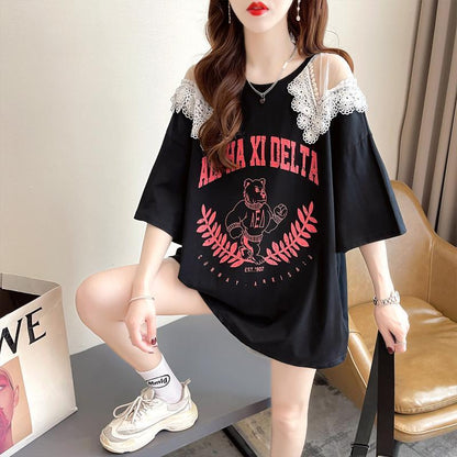 数量限定 ラウンドネック アバンギャルド レース 切り替え プリント全2色 半袖Tシャツ<F-8724>