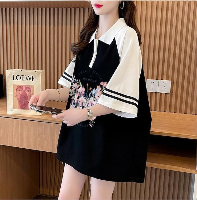 POLOネック   バタフライ ラグランTシャツ ゆったりワンピース ＜F-3023＞