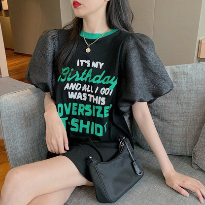 話題沸騰中 パフスリーブ ファッション プリント 全2色 半袖 Tシャツ <F-8662>