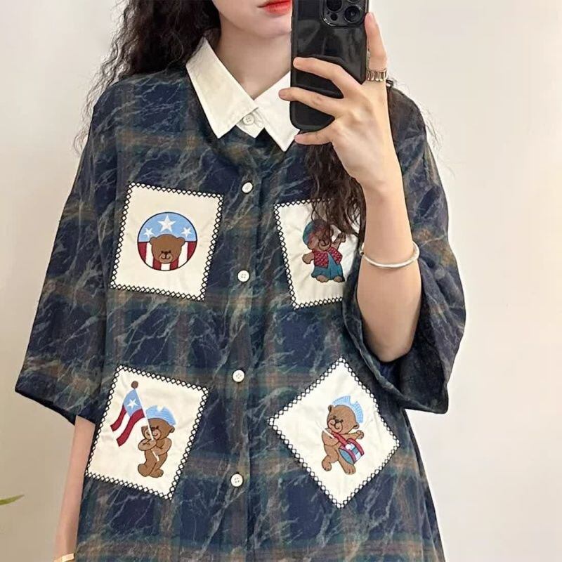 大活躍 刺繍 特別デザイン チェック柄 2色選択 半袖シャツ＜F-8881＞