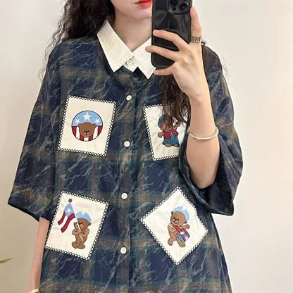 大活躍 刺繍 特別デザイン チェック柄 2色選択 半袖シャツ＜F-8881＞