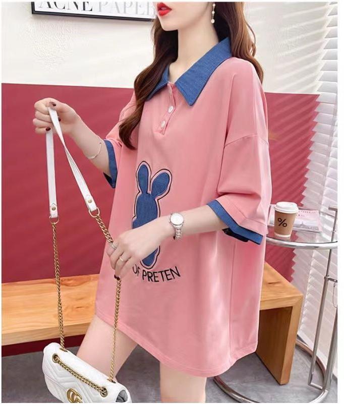 韓国系   POLOネック 三色 ゆったり半袖 ＜F-3056＞