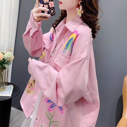 売り切れ必至 韓国風ファッション 上質 アバンギャルド プリント デニム Tシャツ ＜F-9479＞