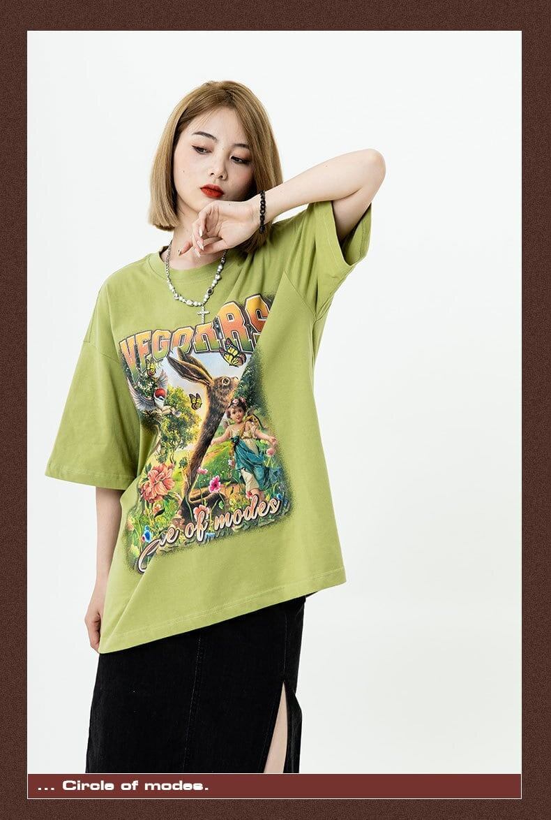 アメリカンレトロ絵画ウサギ半袖Tシャツカップル男女同スタイル<F-2910>