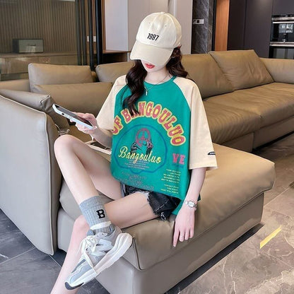 夏新作   プリント ラグランTシャツ 三色 ゆったりワンピース ＜F-4003＞