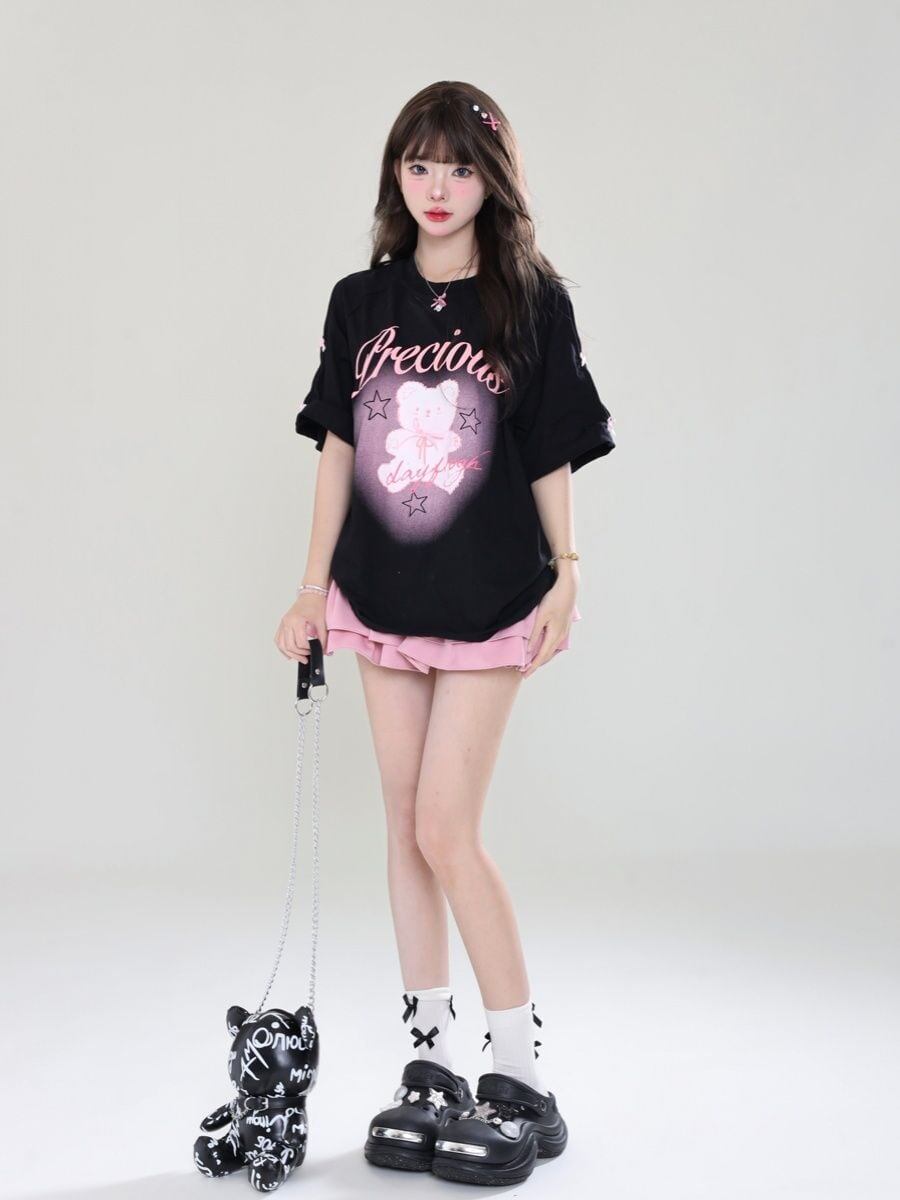 着回し力抜群 レース スウィートプリント 全2色 半袖Tシャツ ＜F-8711＞