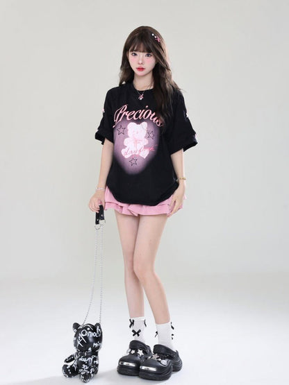 着回し力抜群 レース スウィートプリント 全2色 半袖Tシャツ ＜F-8711＞