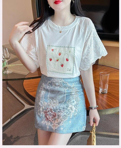 大好評 レース 上質 刺繍 切り替え 全2色 半袖Tシャツ＜F-8869＞
