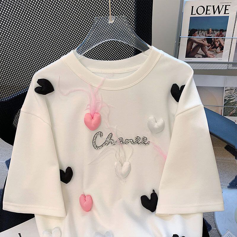 絶対欲しい ホットダイヤモンド キュート 三次元の愛 ゆったり 半袖Tシャツ＜F-8823＞