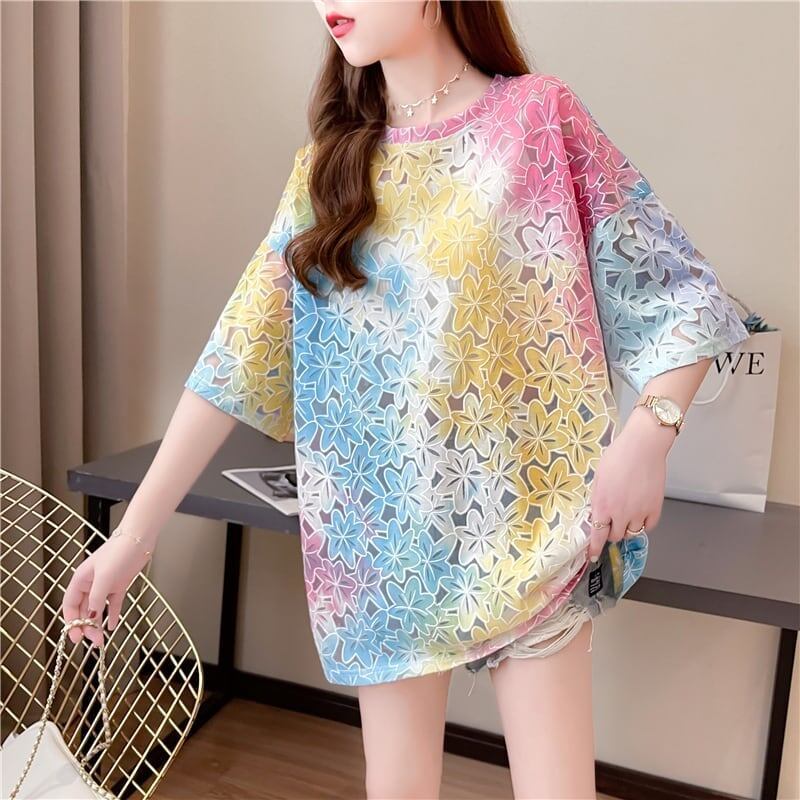 オシャレ度満点 ラウンドネック スタイリッシュ 透かし彫り Tシャツ カットソー＜F-2957＞