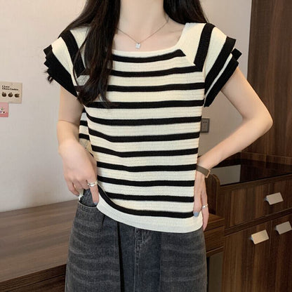 今季マストバイ ファッション カジュアル エレガント ストライプ柄 Tシャツ<F-8339>