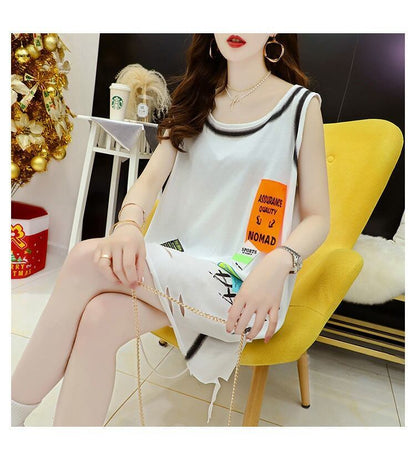 今季マストバイ ダメージ加工 デザイン性抜群 プリント全2色 ノースリーブ Tシャツ カットソー＜F-9141＞