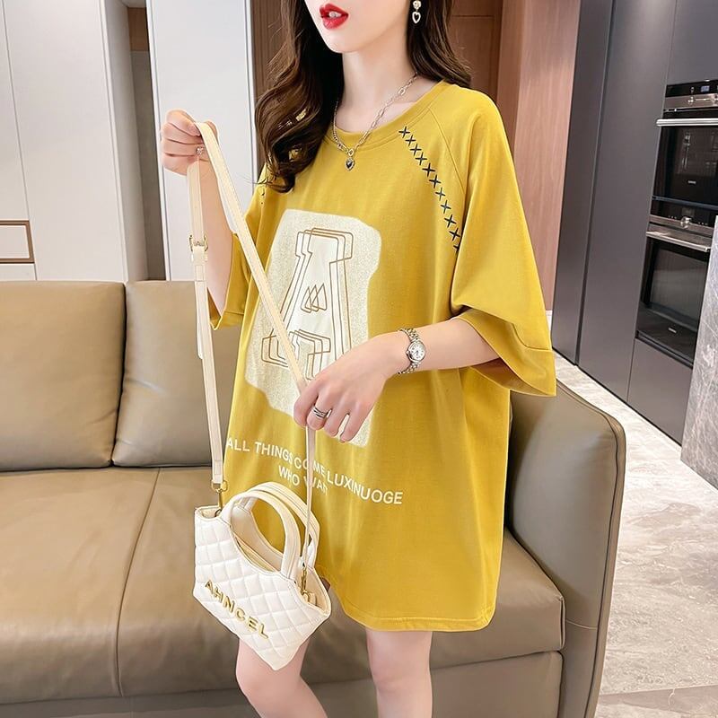 超人気商品 ロング アルファベット プリントTシャツ 三色 ゆったり半袖 ＜F-4019＞