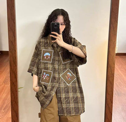 大活躍 刺繍 特別デザイン チェック柄 2色選択 半袖シャツ＜F-8881＞