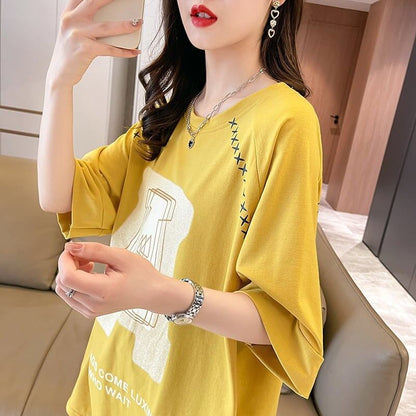 超人気商品 ロング アルファベット プリントTシャツ 三色 ゆったり半袖 ＜F-4019＞