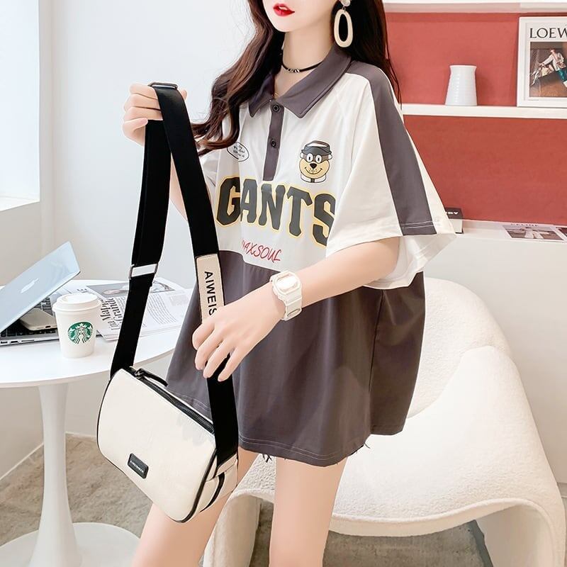 ファッションカジュアルネットレッドルーズポロカラー半袖Tシャツ<F-2856>