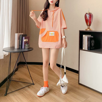 スタイルアップ効果抜群 ストライプ柄 アバンギャルド 切り替え レース プリント全2色 半袖TシャツF-9111