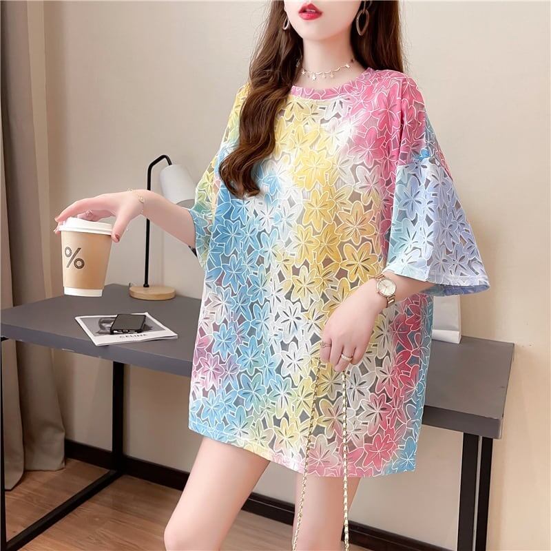 オシャレ度満点 ラウンドネック スタイリッシュ 透かし彫り Tシャツ カットソー＜F-2957＞