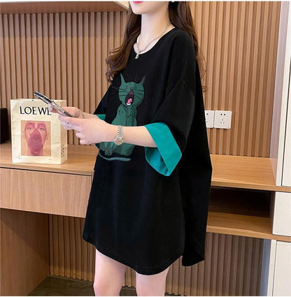 ユニークなデザイン気質のカラーブロック半袖Tシャツ<F-2900>