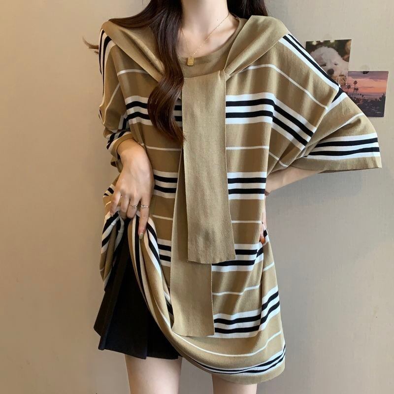 超人気 レイヤード風 カジュアル ストライプ柄 ゆったり 半袖 Tシャツ＜F-8797＞