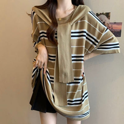 超人気 レイヤード風 カジュアル ストライプ柄 ゆったり 半袖 Tシャツ＜F-8797＞