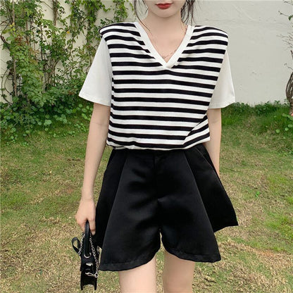上質 レイヤード風 好感度UP ストライプ柄 リボン ニット 全2色 半袖Tシャツ＜ F-9211＞