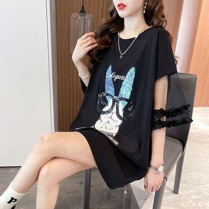 着回し力抜群 チュール 新作 切り替え ピンク プリント スパンコール プリント全3色 半袖Tシャツ カットソー ＜F-8557＞