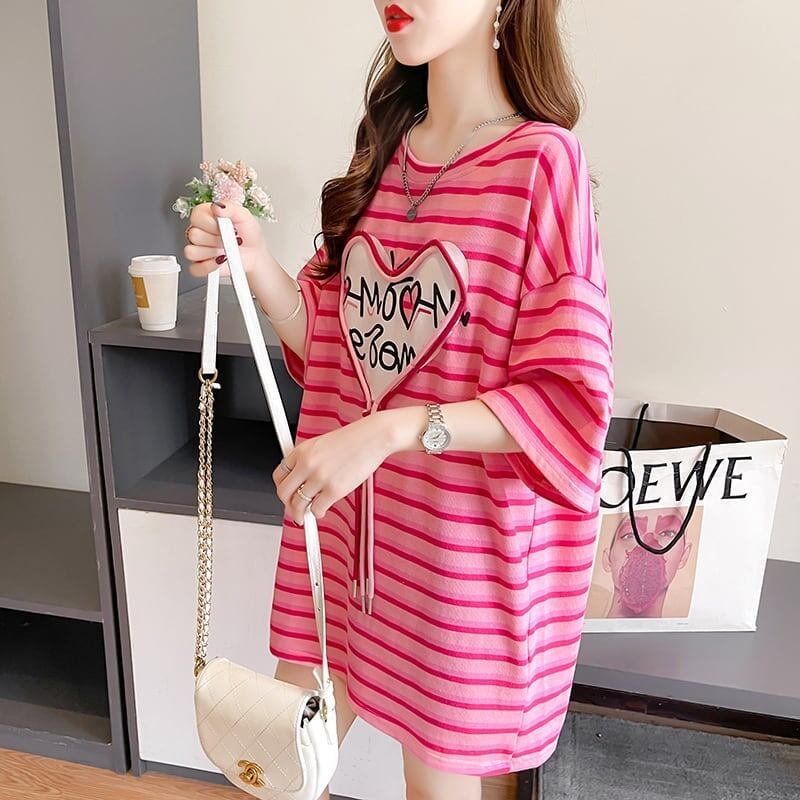 韓国風ピンクストライプゆったり立体装飾半袖Tシャツ<F-2985>