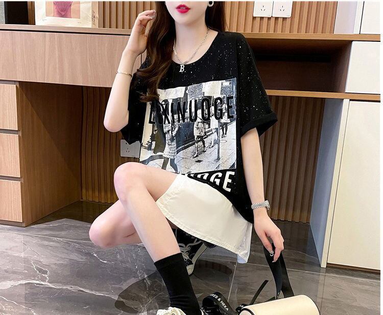 絶対流行 レイヤード風 レース プリント全2色 半袖TシャツF-8821