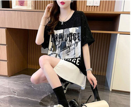 絶対流行 レイヤード風 レース プリント全2色 半袖TシャツF-8821