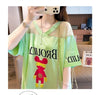 売り切れ必至 Vネック セクシー 切り替え チュール プリントTシャツ ゆったりワンピース ＜F-3050＞