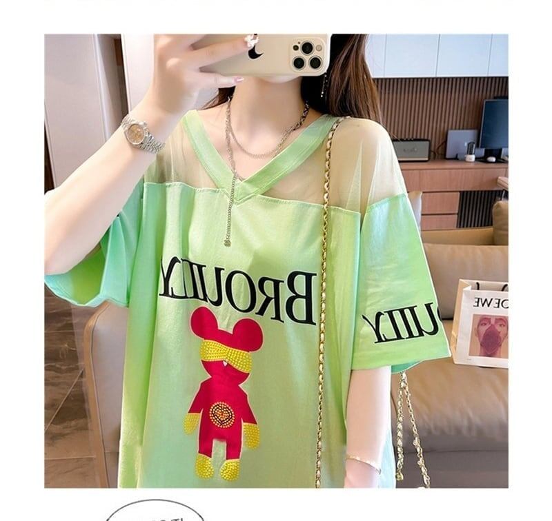 売り切れ必至 Vネック セクシー 切り替え チュール プリントTシャツ ゆったりワンピース ＜F-3050＞