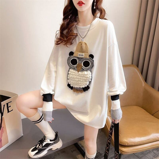 激安販売中   両面ベルベット刺繍ルーズ長袖Tシャツ<F-5123>