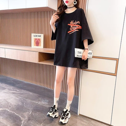 デザイン個性ゆったりミドル丈半袖TシャツF-3036