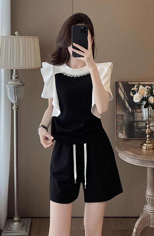 新商品 ホットダイヤモンド 絶対欲しい 切り替え 半袖 Tシャツ ショートパンツ セットアップF-8864
