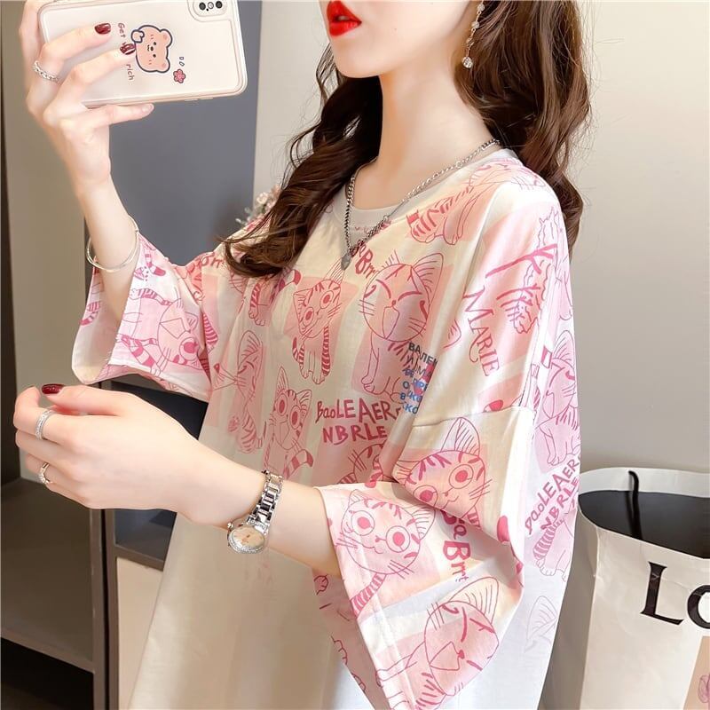【半額！期間限定！！】大好評 プリント 猫柄 ロング Tシャツ 四色 ゆったりワンピース ＜F-4017＞