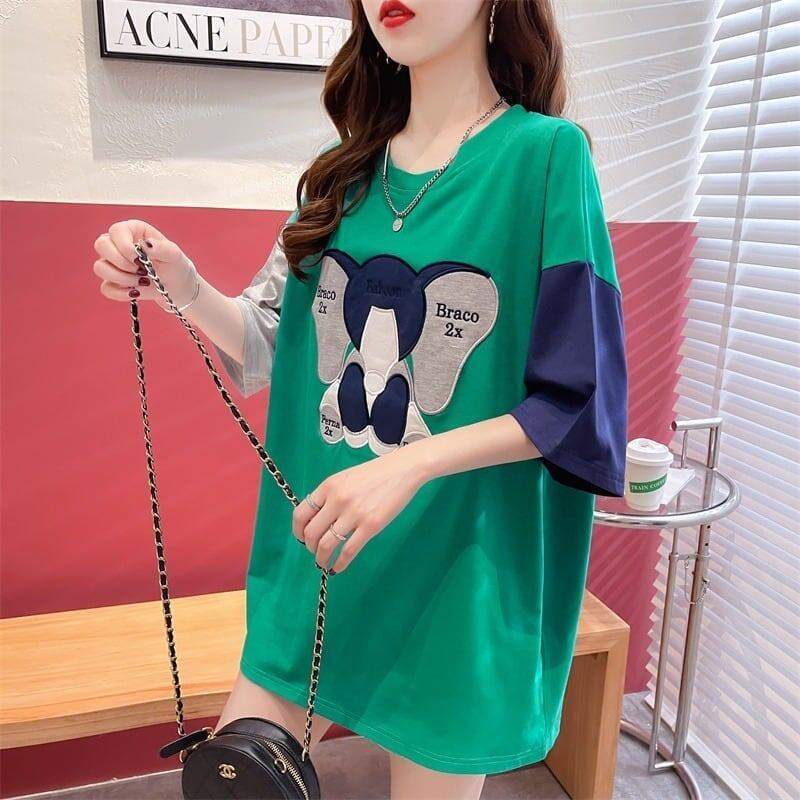 気質漫画カラーマッチング偽ツーピース半袖Tシャツ<F-2997>