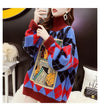 超人気配色チェック柄グラフィックロゴニットセーターハイネック3色あり<F-4328>