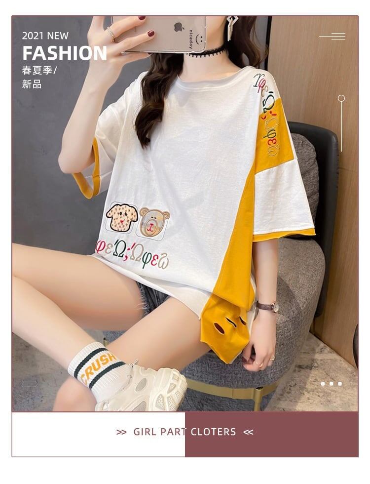 韓国風漫画刺繍ワッペン半袖Tシャツ<F-2991>