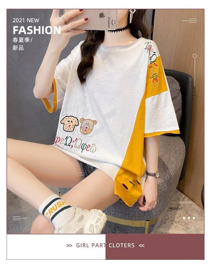 韓国風漫画刺繍ワッペン半袖Tシャツ<F-2991>