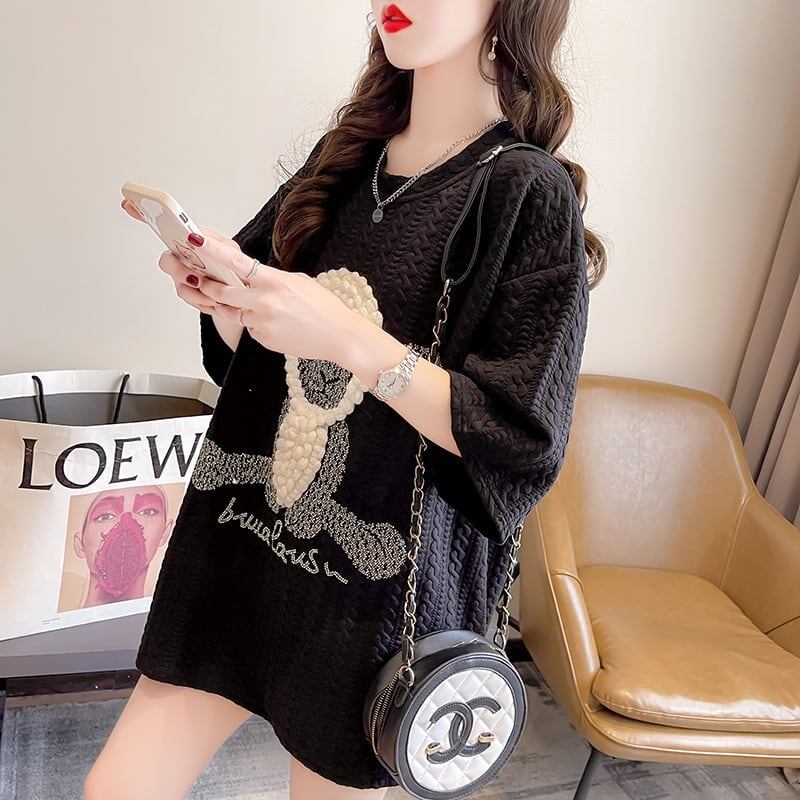 高級立体ハンドビーズコットン半袖Tシャツ<F-2998>