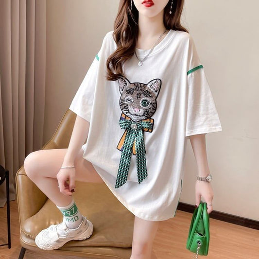 質感のいい 猫刺繍 立体のリボン ロング Tシャツ ゆったり半袖 ＜F-2919＞
