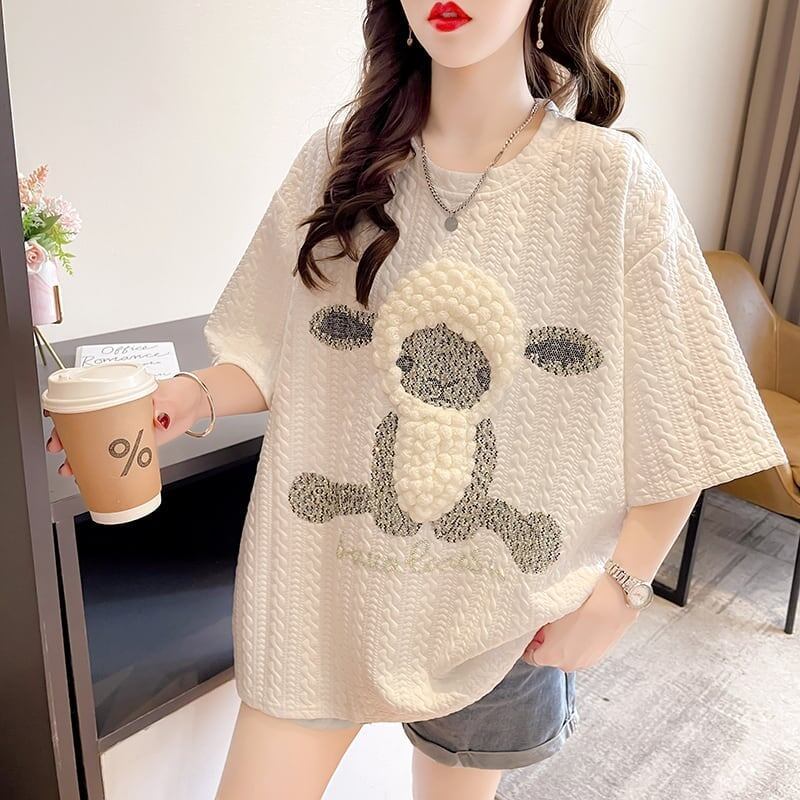 高級立体ハンドビーズコットン半袖Tシャツ<F-2998>