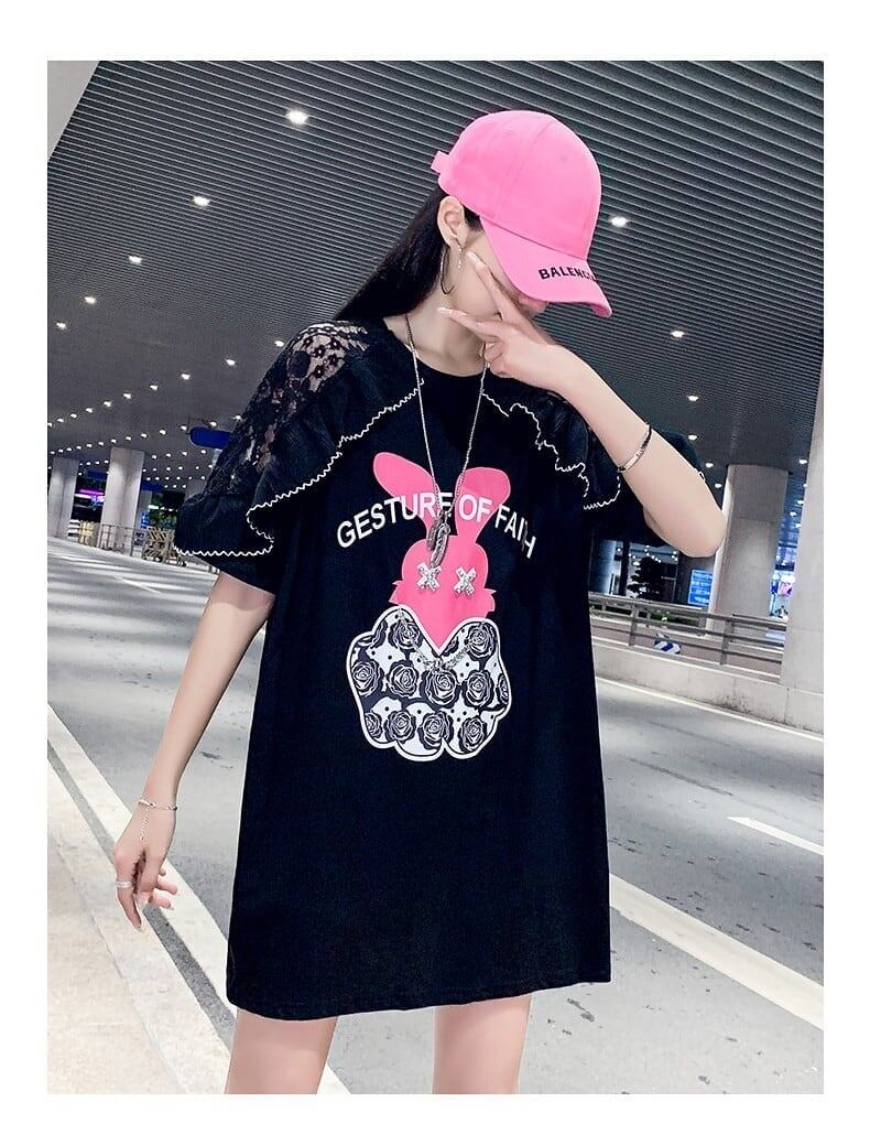 レースステッチアイスシルクニットルーズラビットプリント半袖Tシャツ<F-5038>